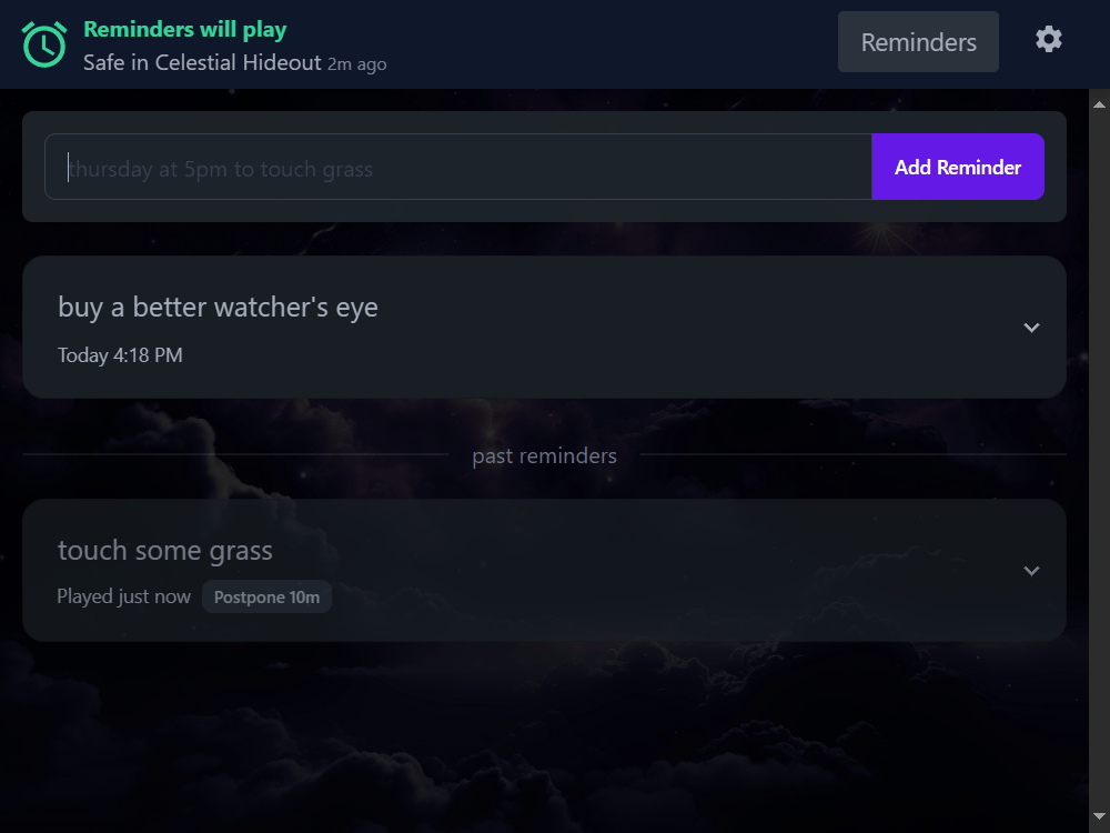 Hideout Reminders Screenshot
